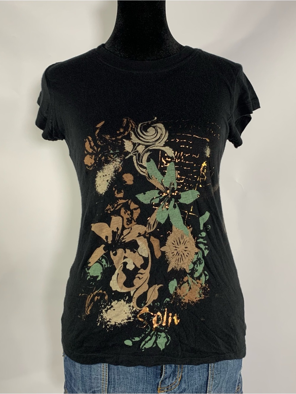 Split Black Floral Graphic Baby Tee XS 2000s Fairy Grunge